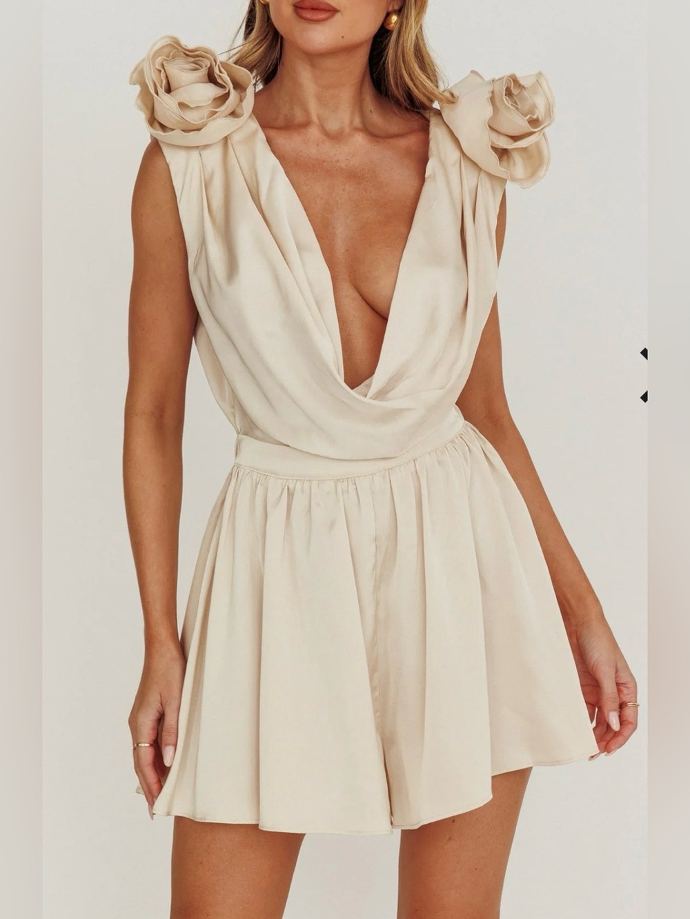 Klesis Tutu Backless Halter Mini Romper Cream Satin Draped Rosette Shoulders